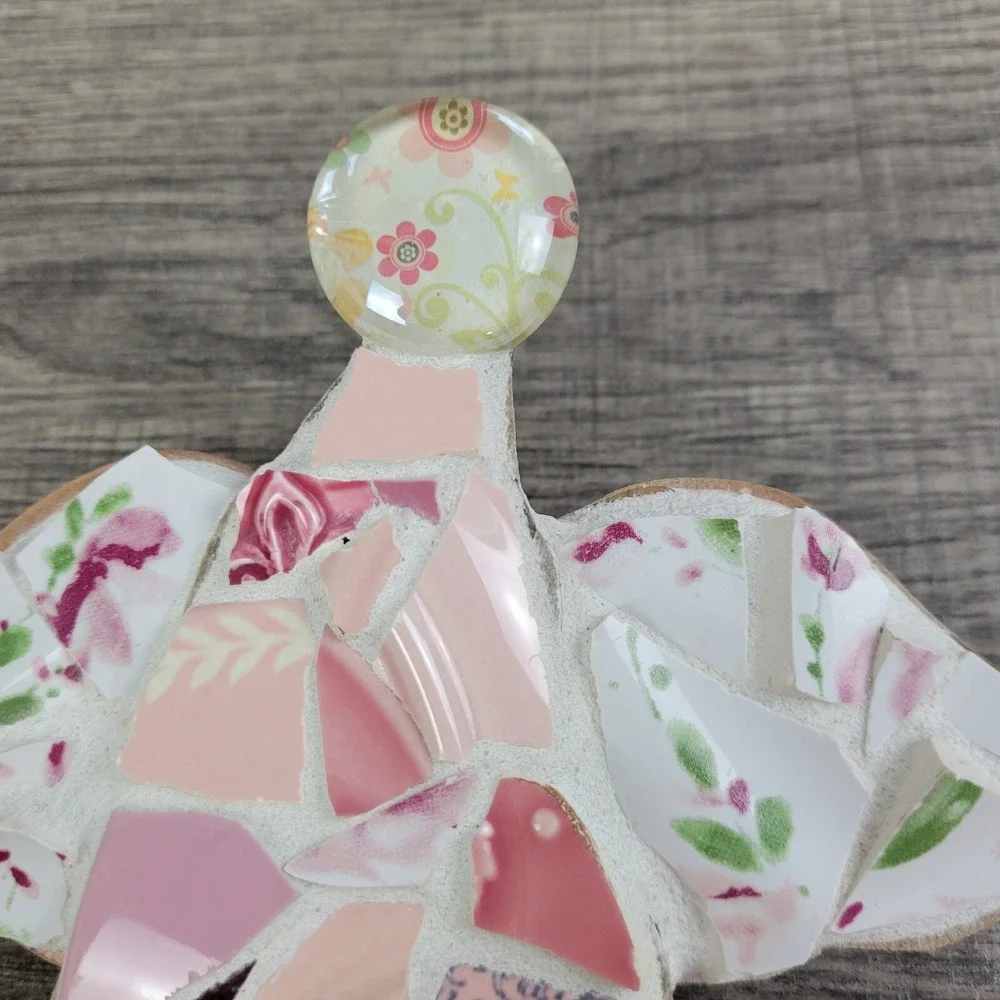 Mosaic Angel Wall Decor Pink‎ Floral Plate Shards Art Handmade Ornament